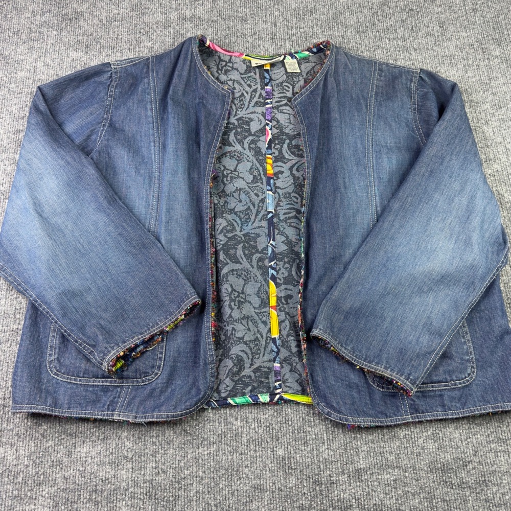 Chico's‎ Design Denim Jacket 2/L Blue Open Front Boho Artsy Cottagecore Western